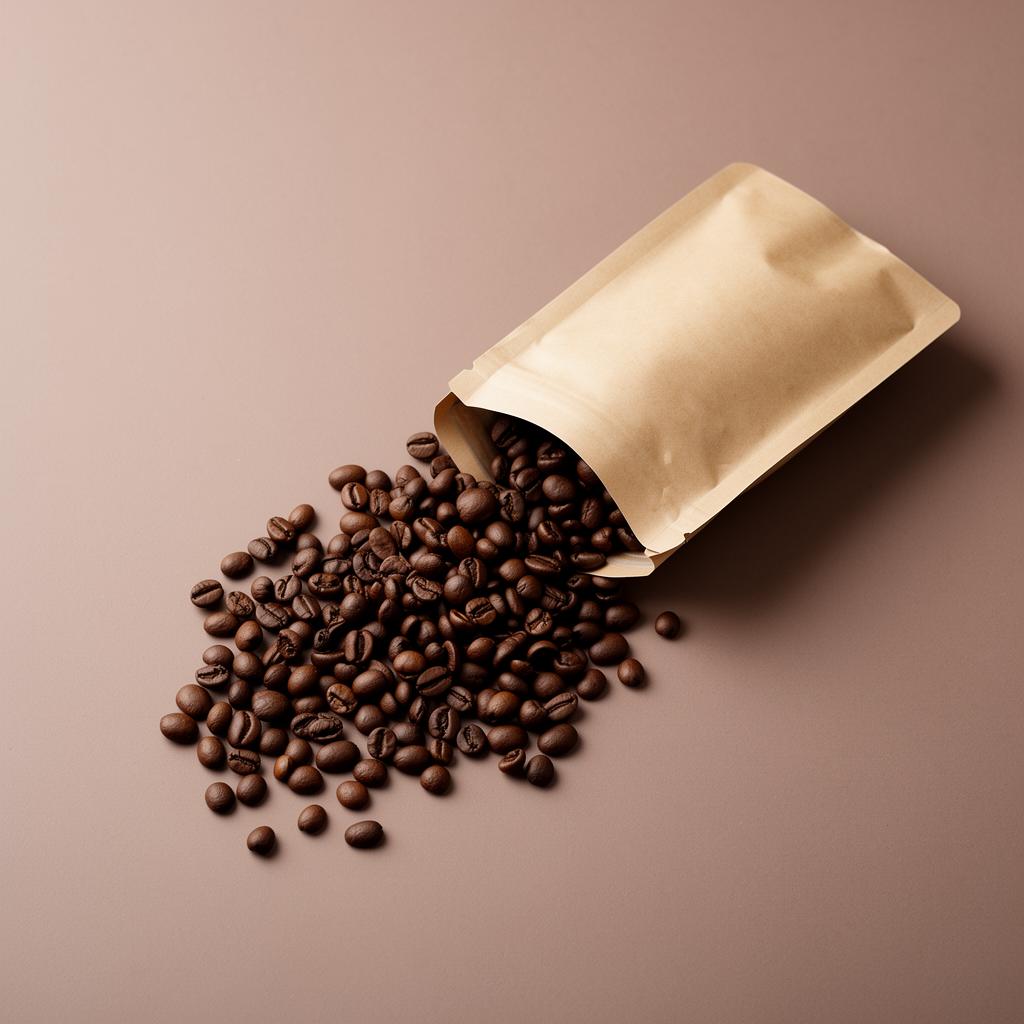 Coffee beans spilling from a kraft paper bag