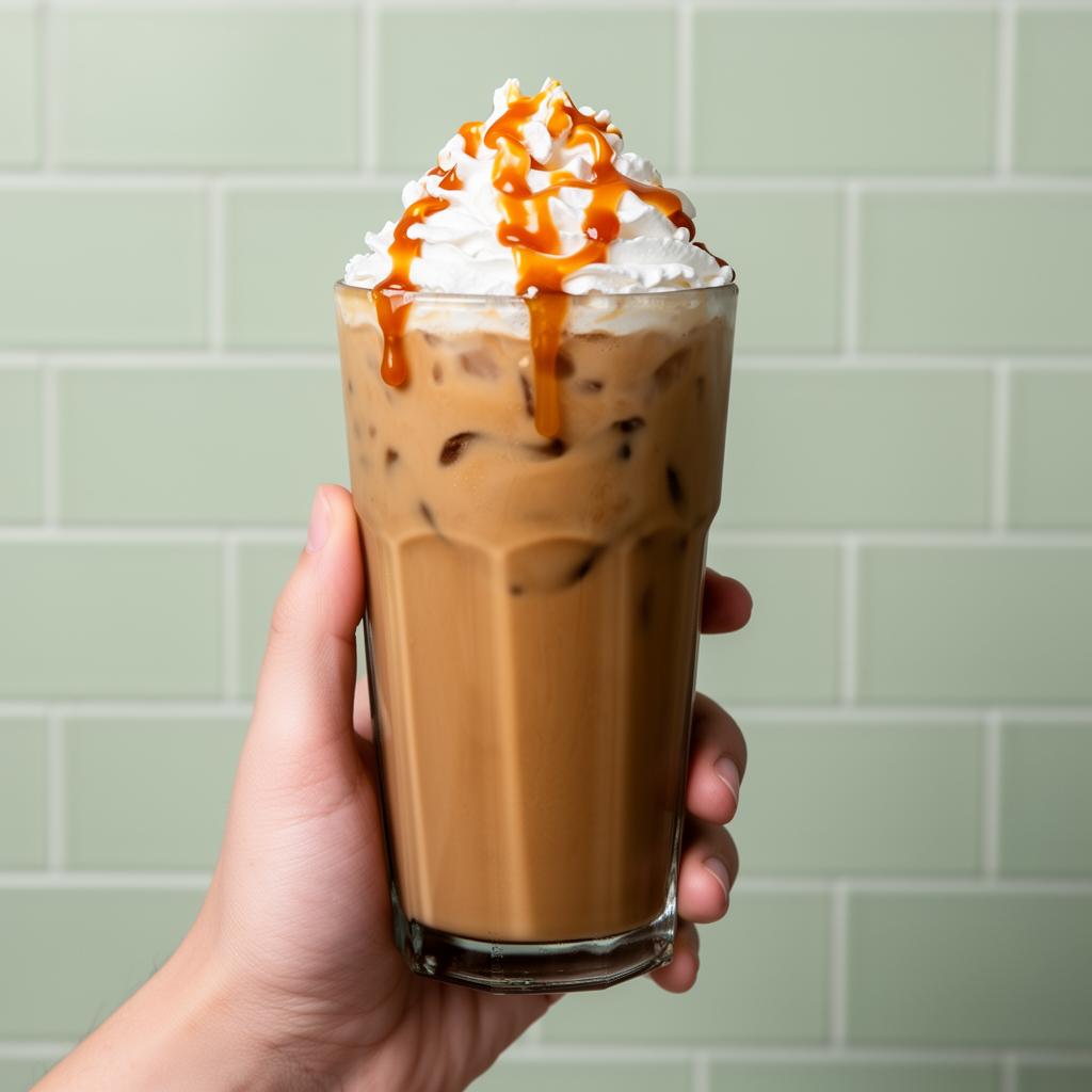 Iced caramel coffee with whipped cream held against a sage tiled wall